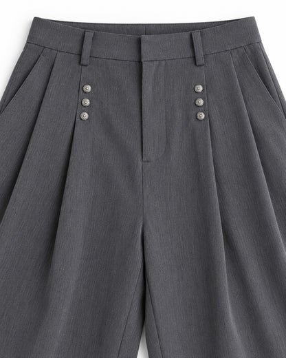 Multi-Snap Pleated Wide-Leg Trousers