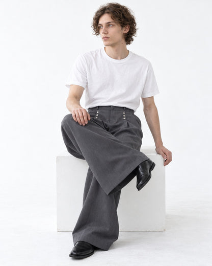 Multi-Snap Pleated Wide-Leg Trousers