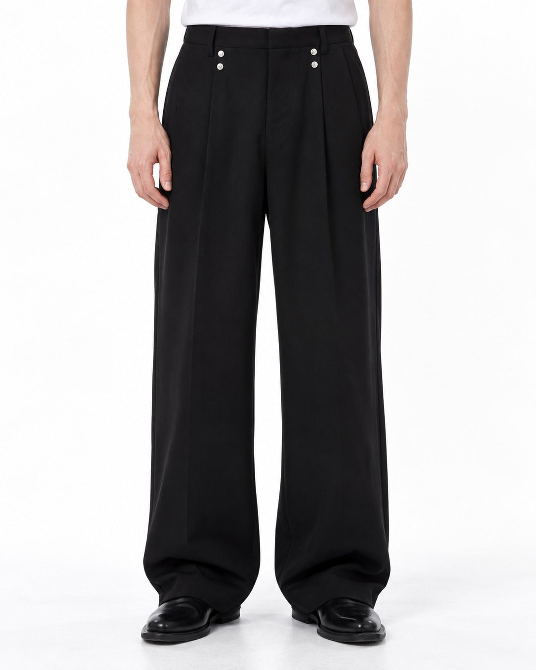 Multi-Snap Pleated Wide-Leg Trousers