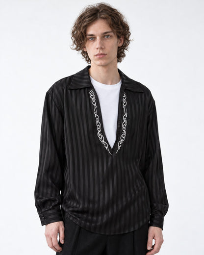Striped V-Neck Top with Contrast Trim
