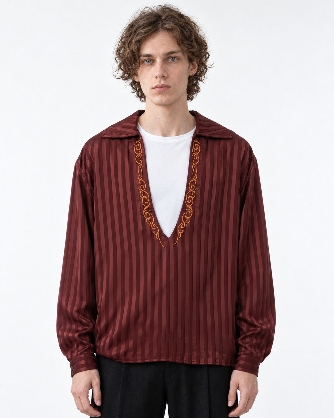 Striped V-Neck Top with Contrast Trim