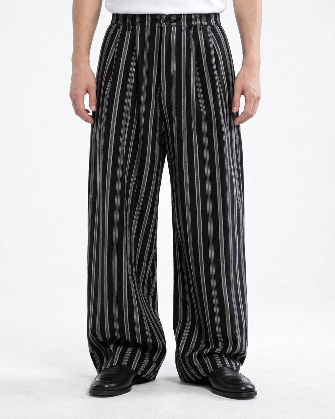Striped Pleated Wide-Leg Trousers