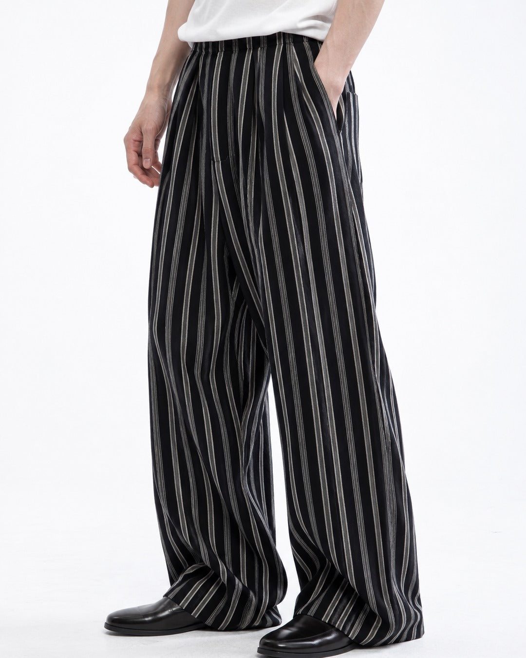 Striped Pleated Wide-Leg Trousers