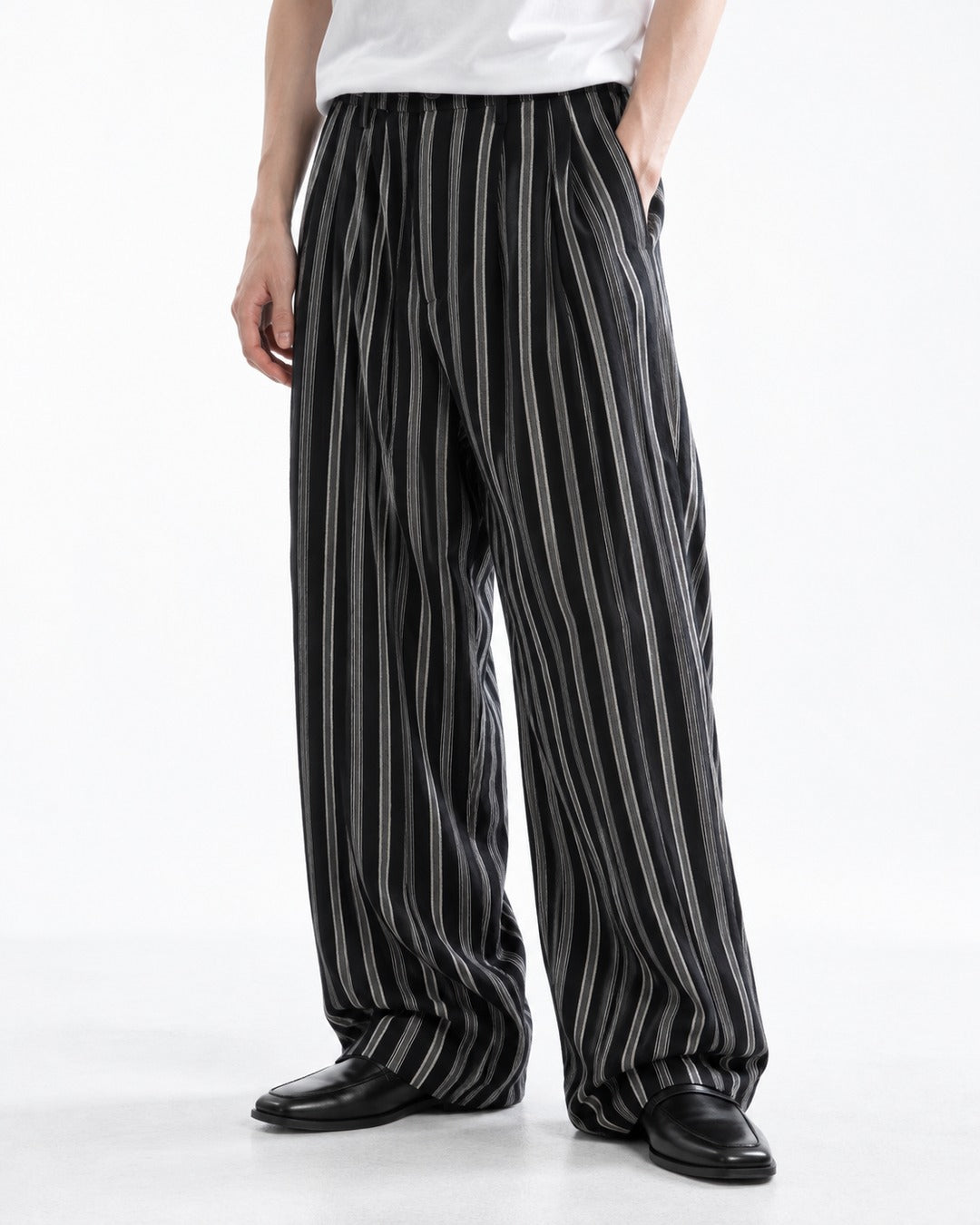 Striped Pleated Wide-Leg Trousers