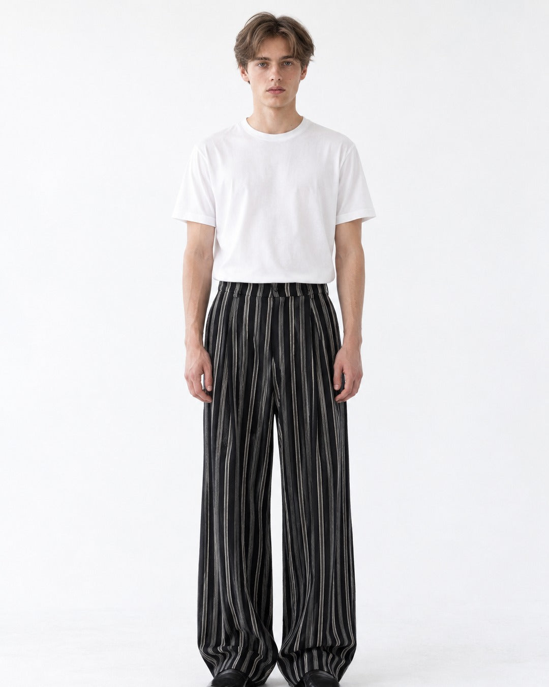 Striped Pleated Wide-Leg Trousers