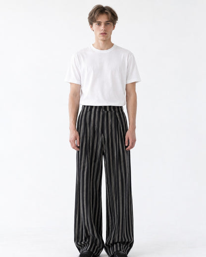 Striped Pleated Wide-Leg Trousers