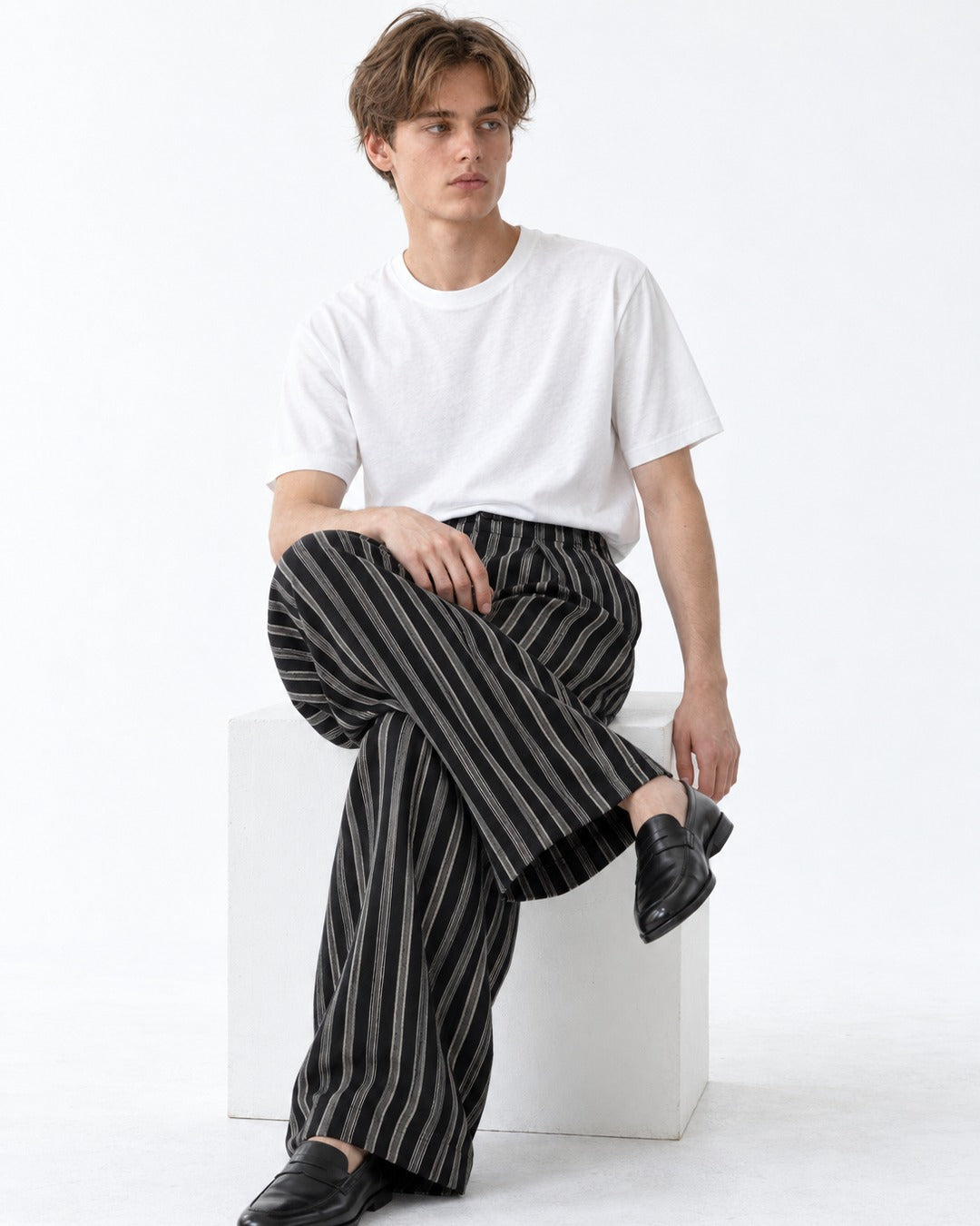 Striped Pleated Wide-Leg Trousers
