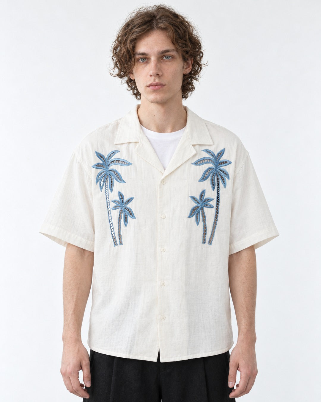 Camp-Collar Shirt with Palm Tree Embroidery