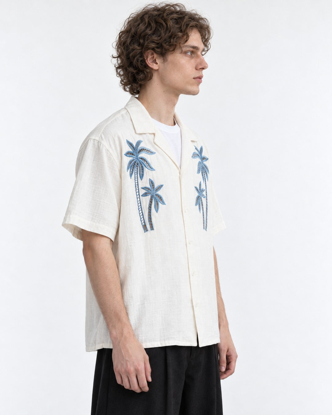 Camp-Collar Shirt with Palm Tree Embroidery