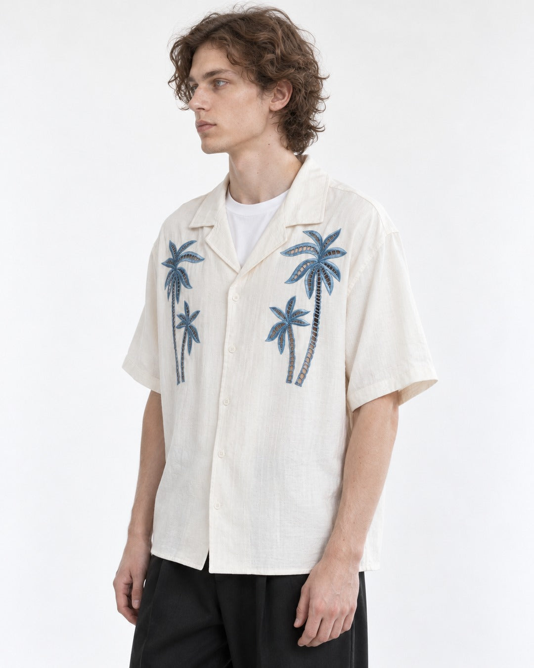 Camp-Collar Shirt with Palm Tree Embroidery