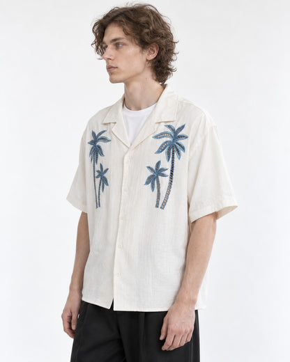 Camp-Collar Shirt with Palm Tree Embroidery
