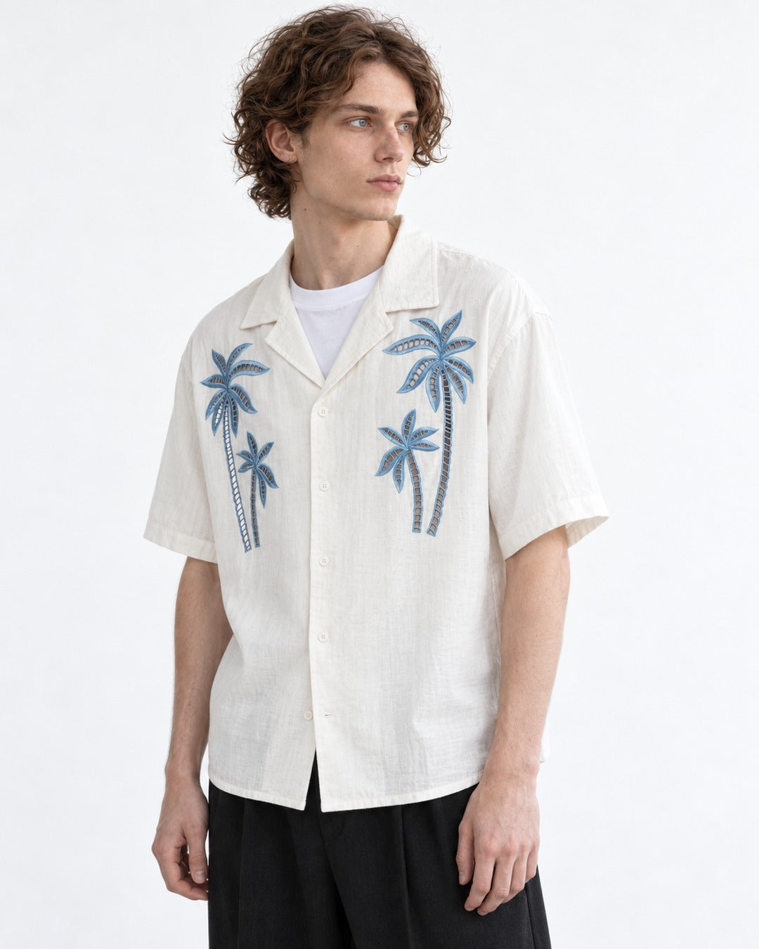 Camp-Collar Shirt with Palm Tree Embroidery