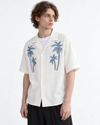 Camp-Collar Shirt with Palm Tree Embroidery