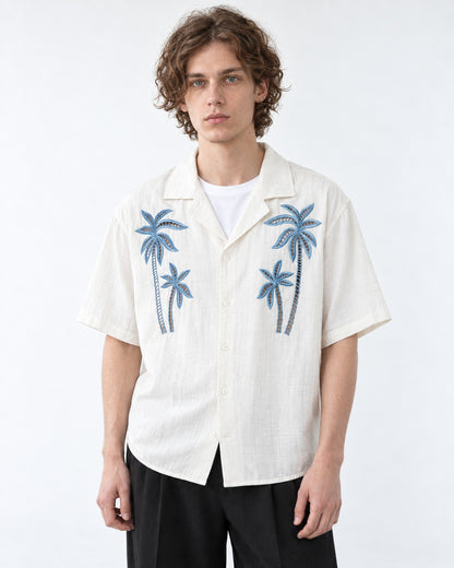 Camp-Collar Shirt with Palm Tree Embroidery