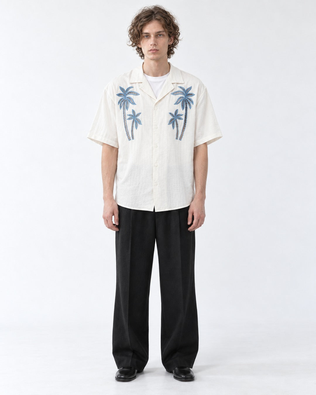 Camp-Collar Shirt with Palm Tree Embroidery