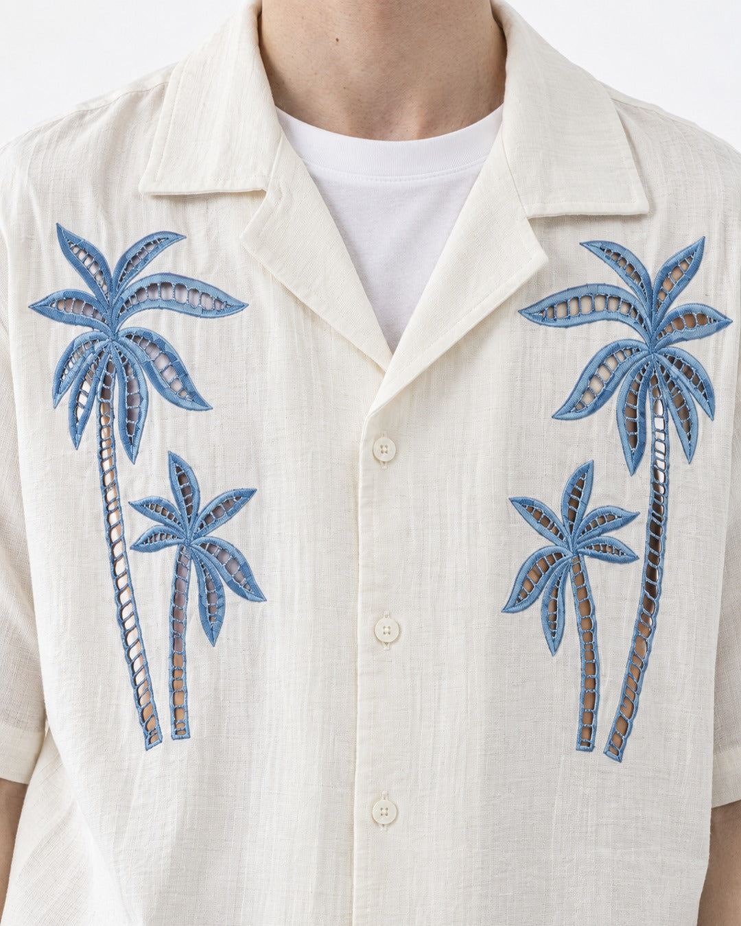 Camp-Collar Shirt with Palm Tree Embroidery