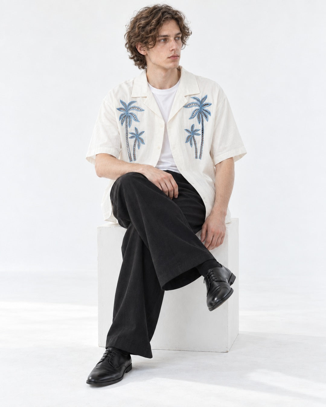 Camp-Collar Shirt with Palm Tree Embroidery