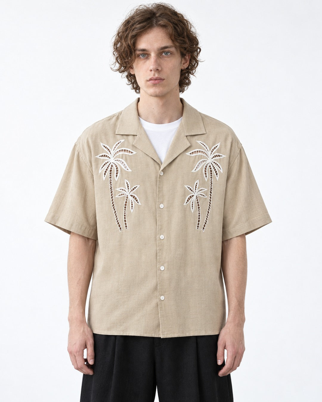 Camp-Collar Shirt with Palm Tree Embroidery