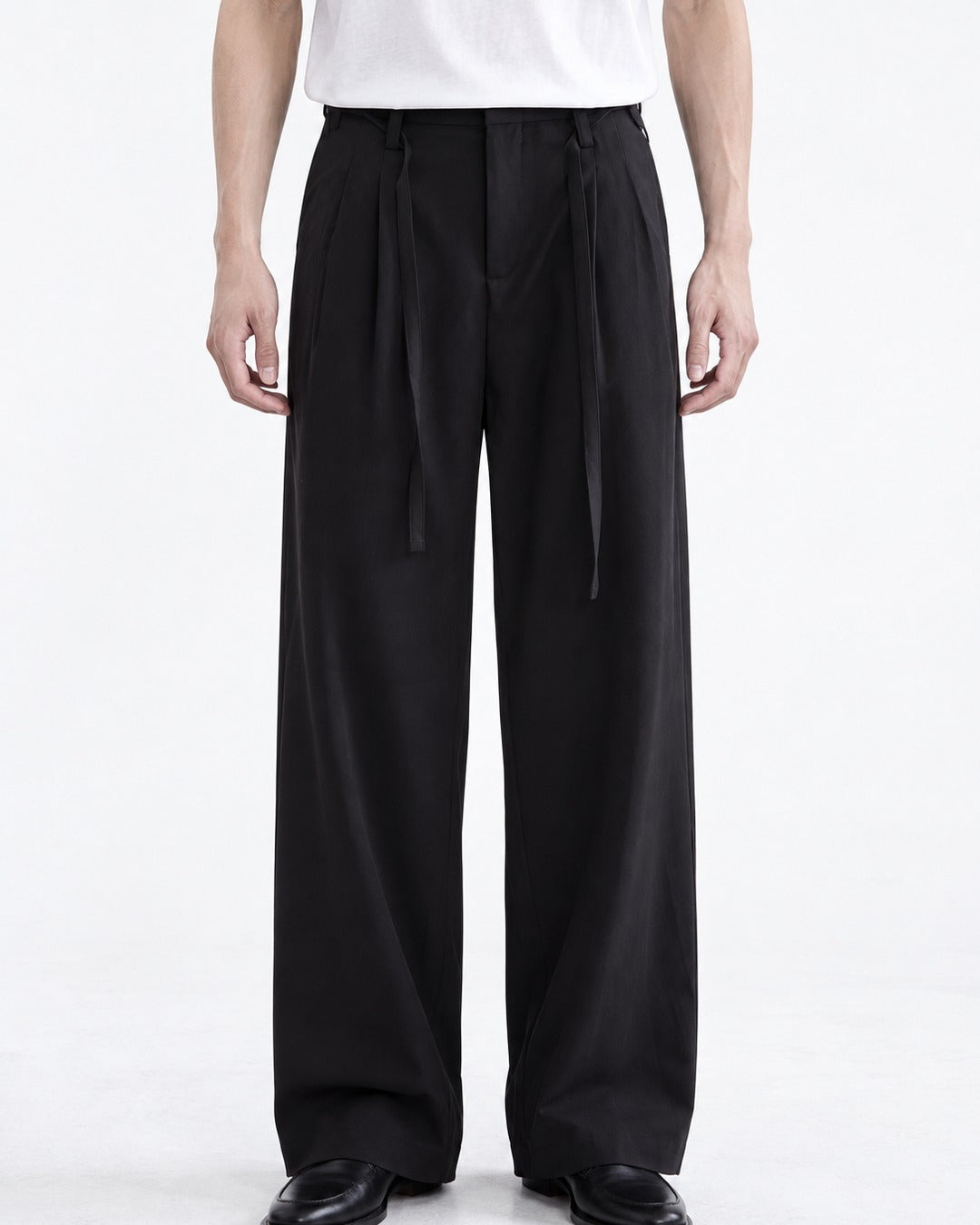 Sash Tie Double Pleat Wide-Leg Trousers