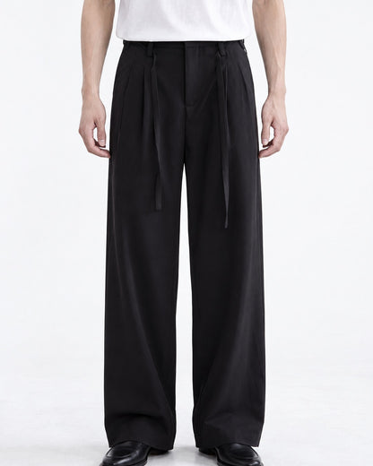 Sash Tie Double Pleat Wide-Leg Trousers