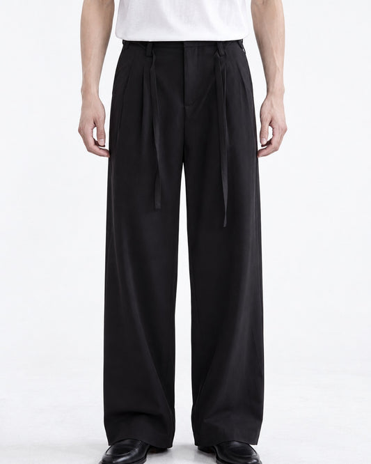 Sash Tie Double Pleat Wide-Leg Trousers