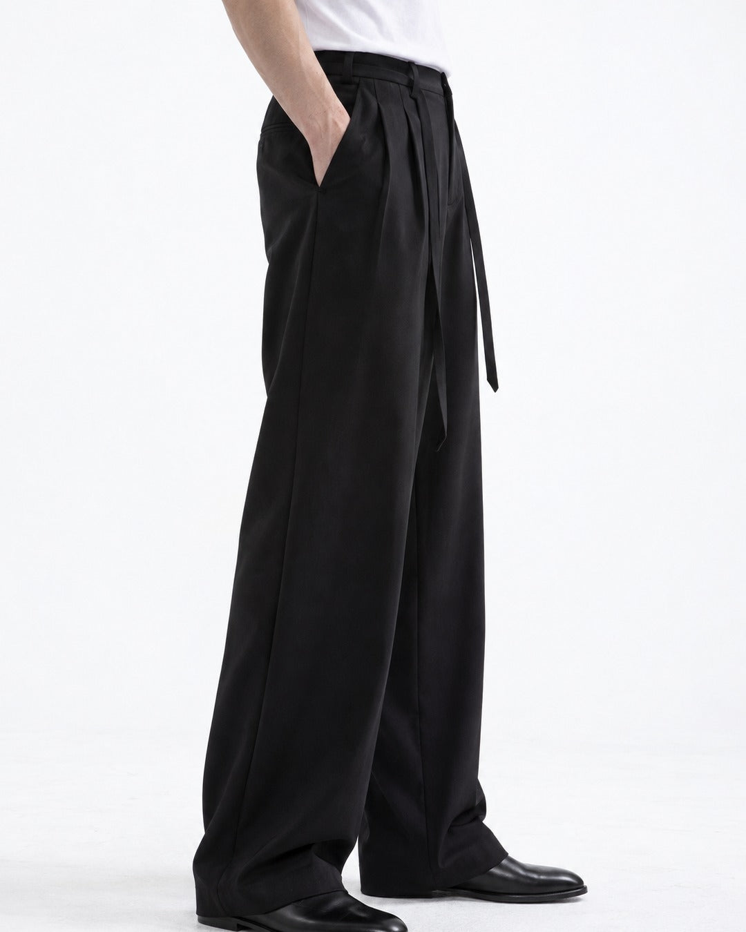 Sash Tie Double Pleat Wide-Leg Trousers