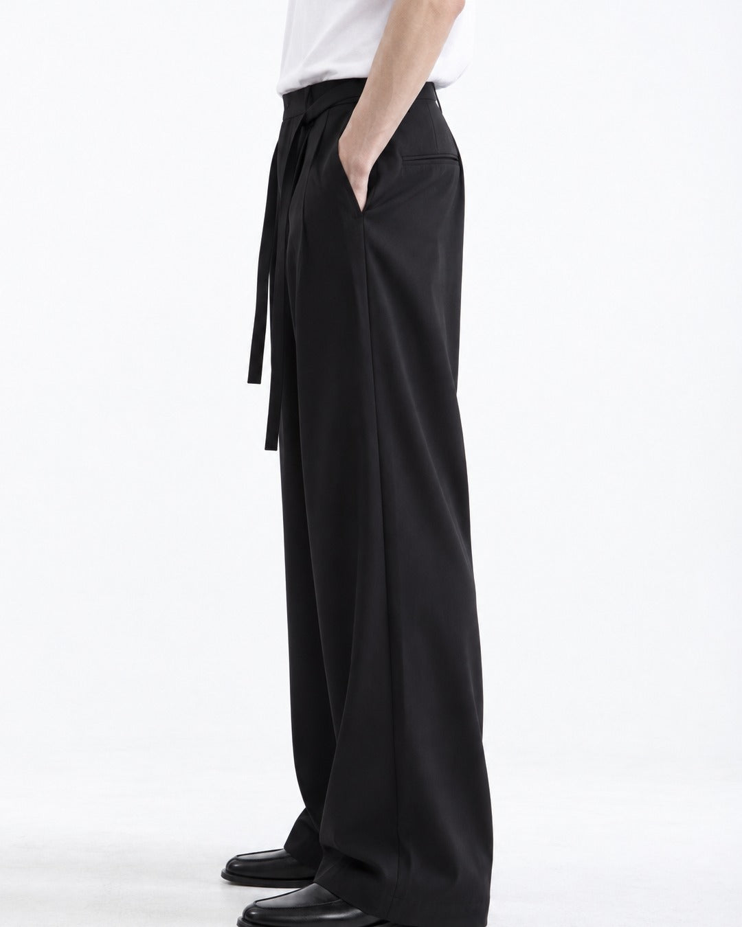 Sash Tie Double Pleat Wide-Leg Trousers