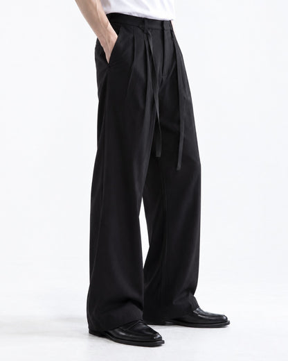 Sash Tie Double Pleat Wide-Leg Trousers
