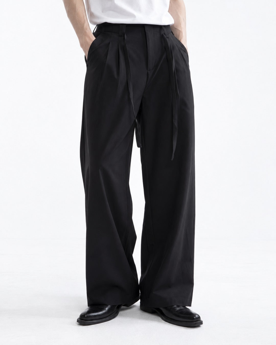 Sash Tie Double Pleat Wide-Leg Trousers