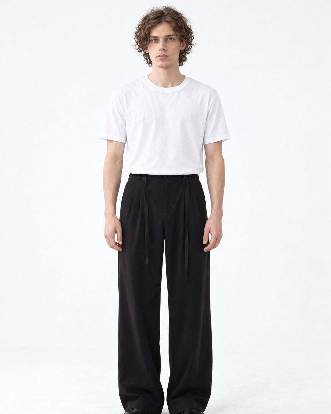 Sash Tie Double Pleat Wide-Leg Trousers