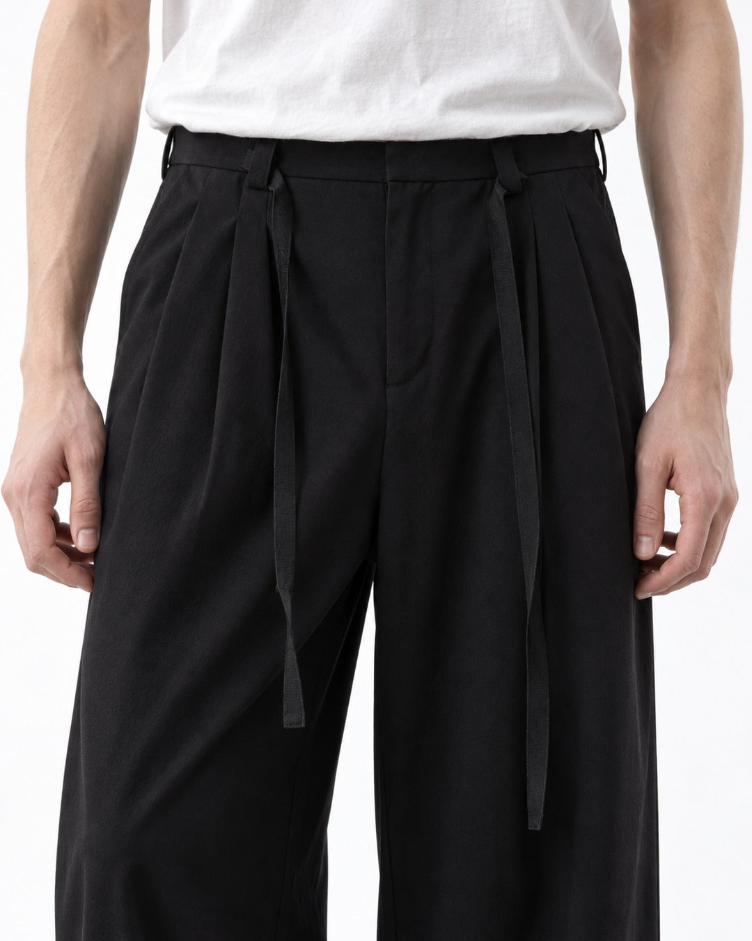 Sash Tie Double Pleat Wide-Leg Trousers