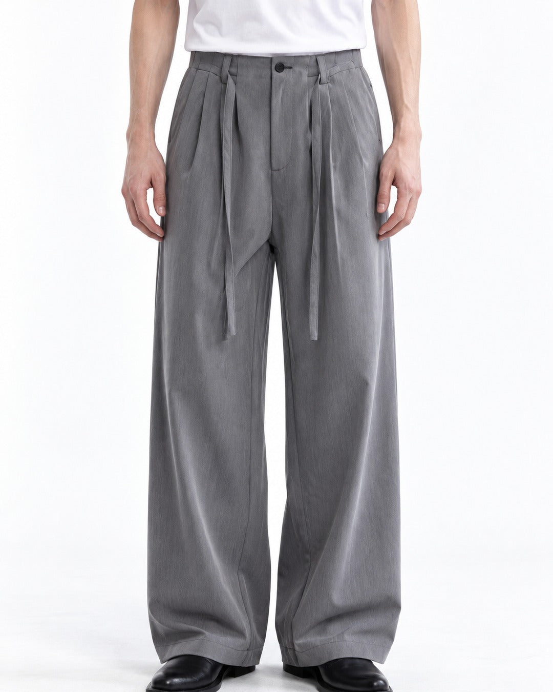 Sash Tie Double Pleat Wide-Leg Trousers