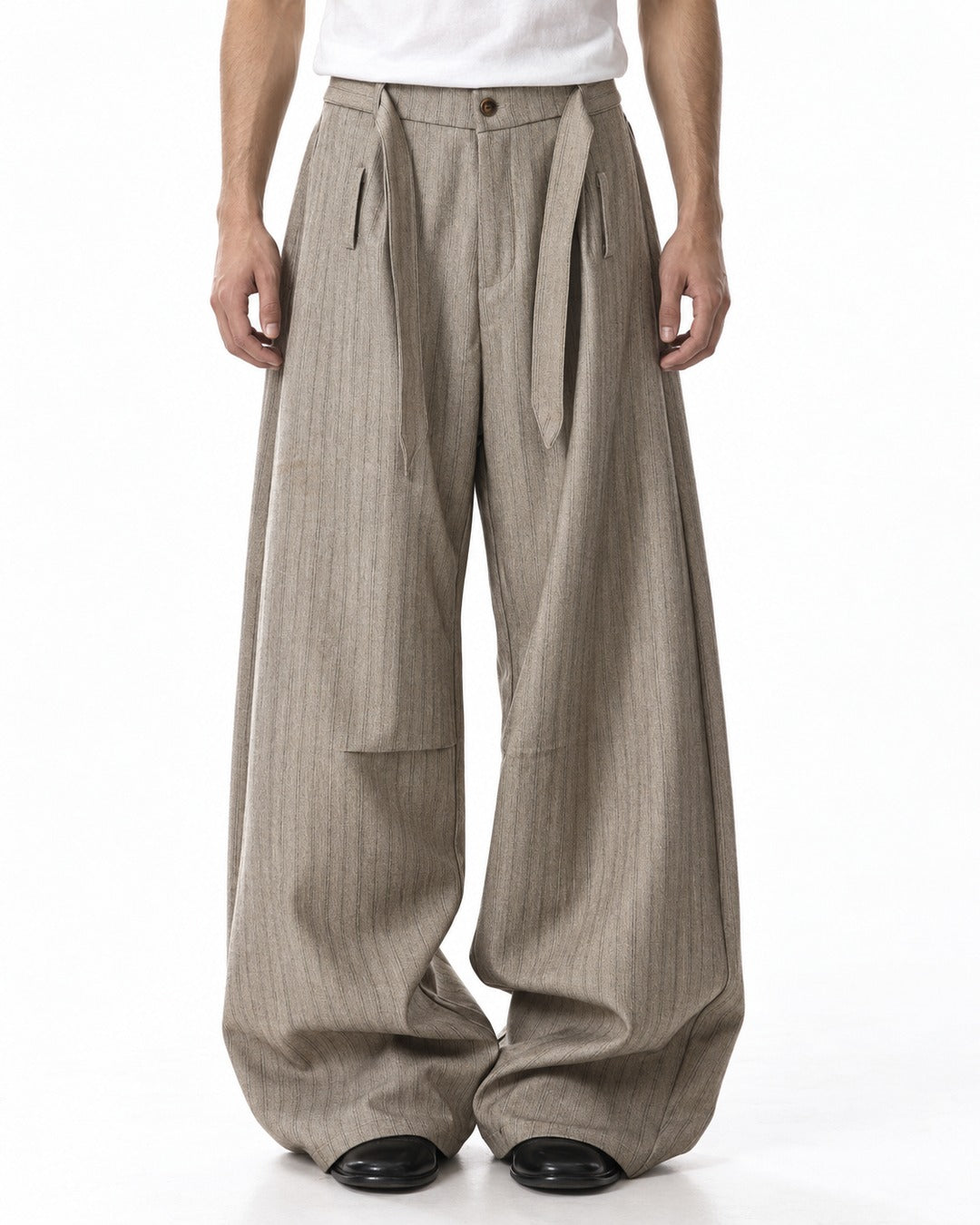 Tie Waist Patch Pocket Striped Trousers