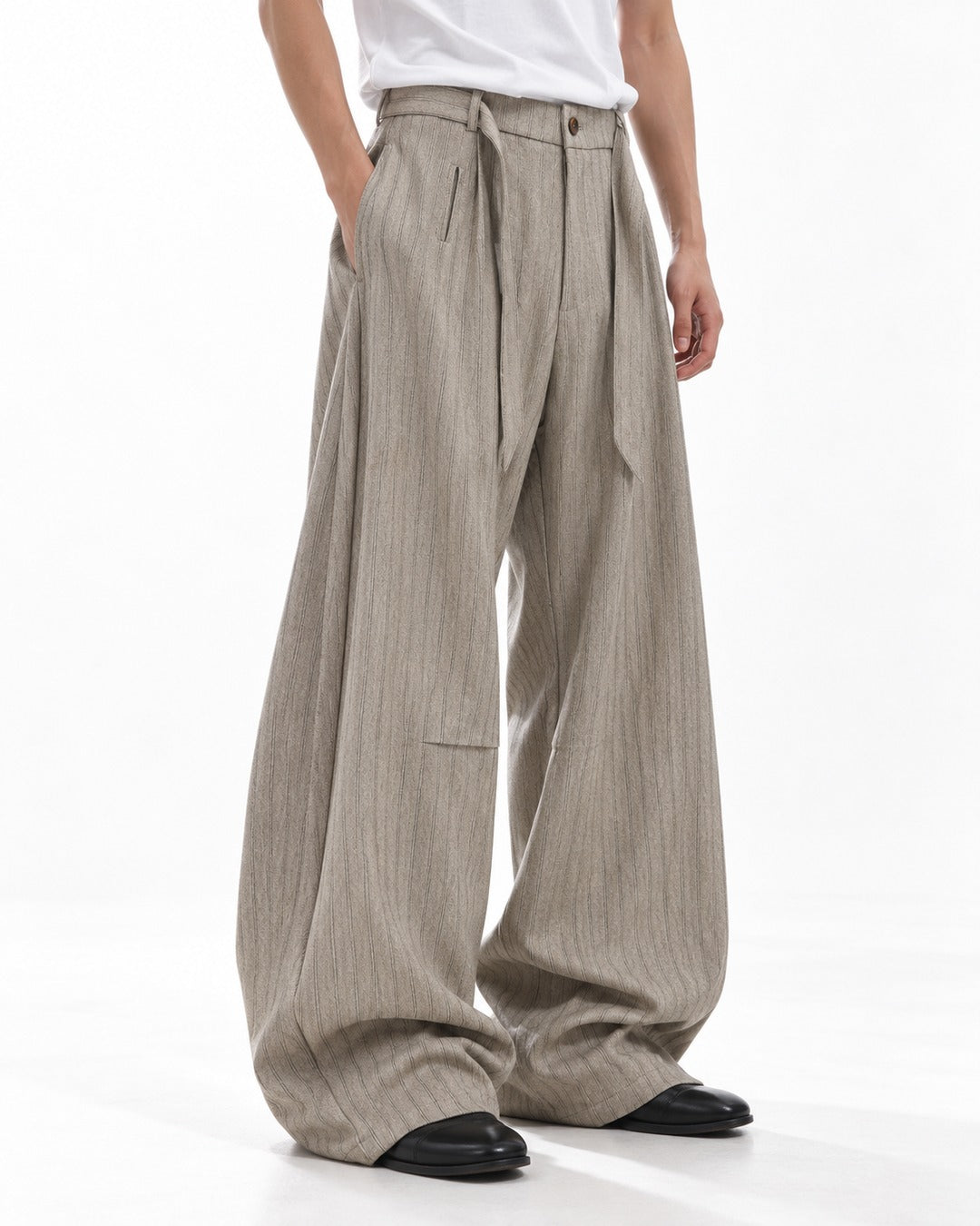 Tie Waist Patch Pocket Striped Trousers