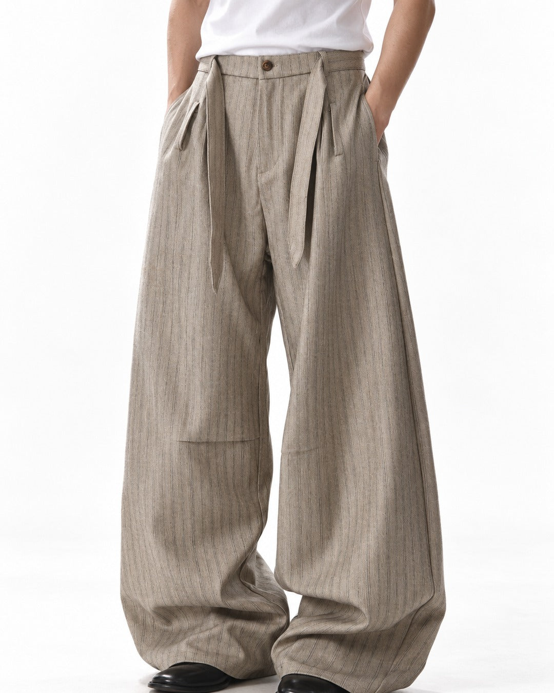 Tie Waist Patch Pocket Striped Trousers
