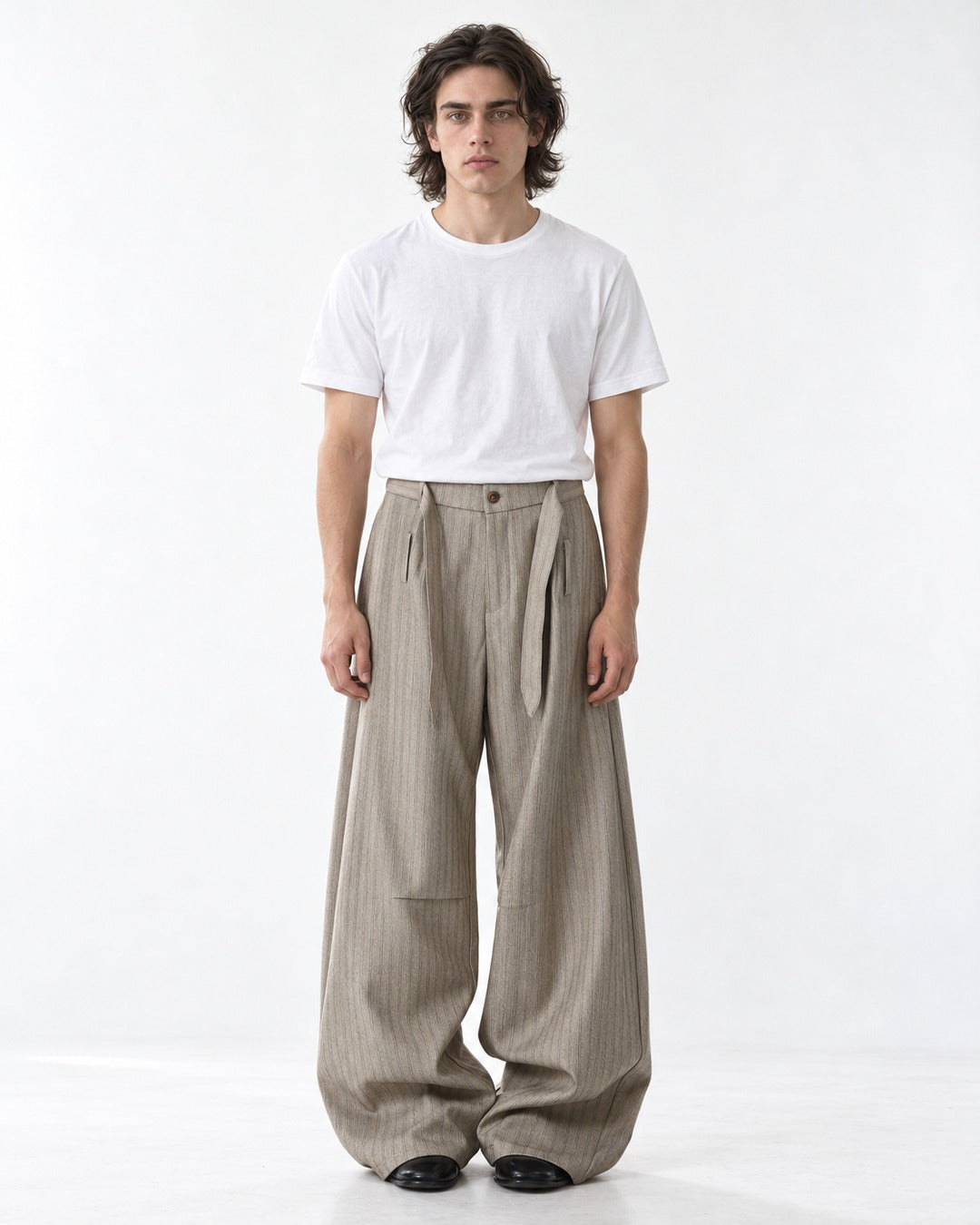 Tie Waist Patch Pocket Striped Trousers