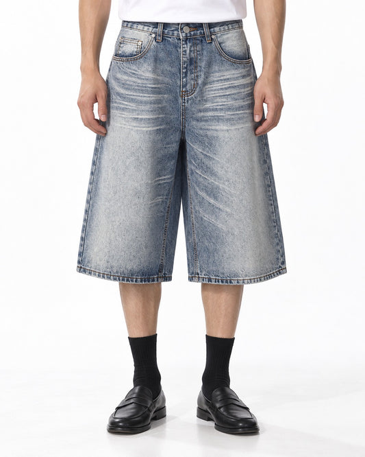 Wide-Leg Washed Denim Shorts