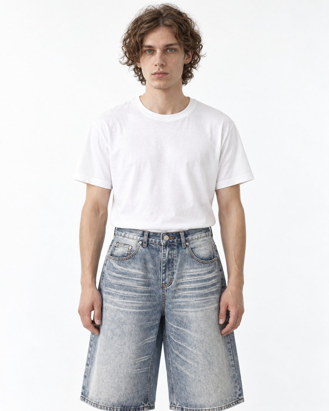 Wide-Leg Washed Denim Shorts