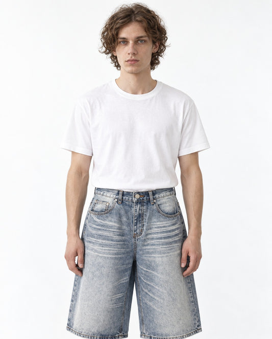 Wide-Leg Washed Denim Shorts