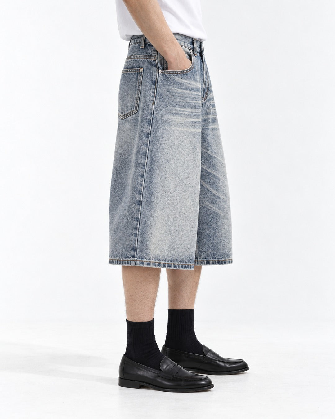 Wide-Leg Washed Denim Shorts