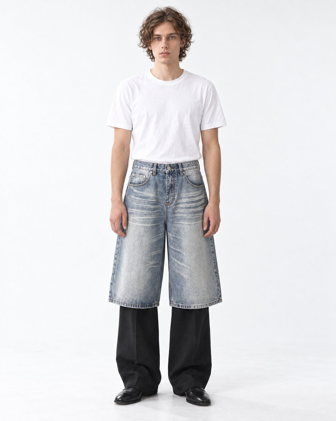 Wide-Leg Washed Denim Shorts