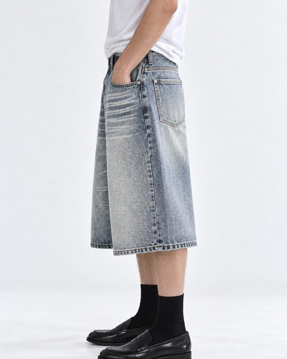 Wide-Leg Washed Denim Shorts