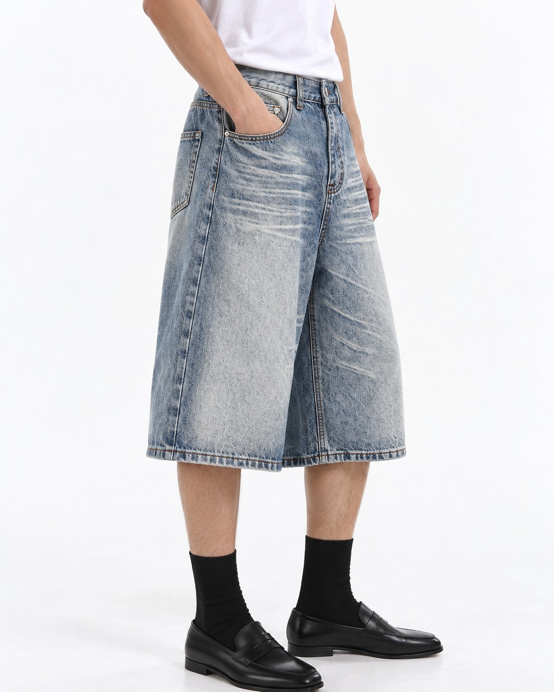Wide-Leg Washed Denim Shorts