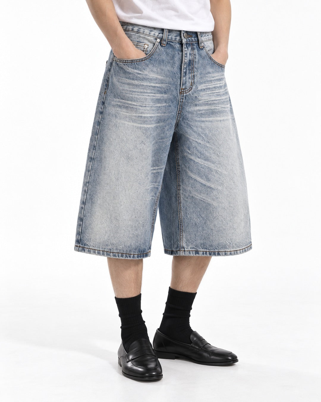 Wide-Leg Washed Denim Shorts