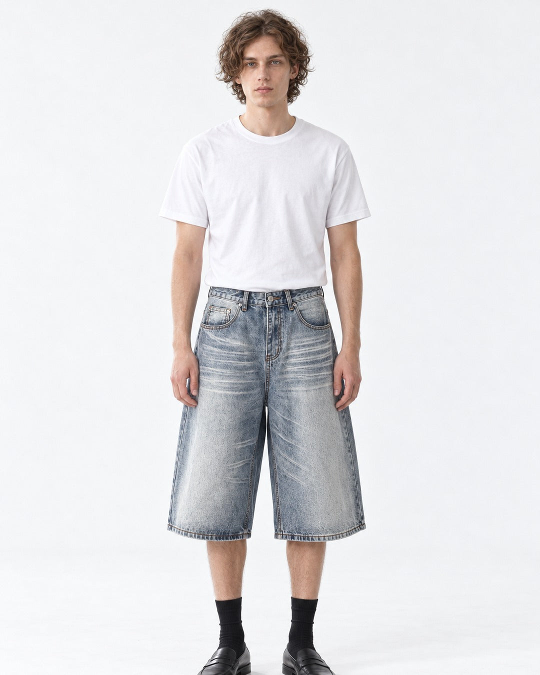 Wide-Leg Washed Denim Shorts