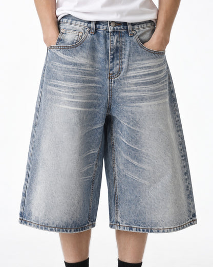 Wide-Leg Washed Denim Shorts
