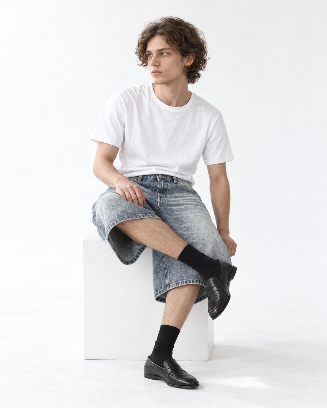 Wide-Leg Washed Denim Shorts
