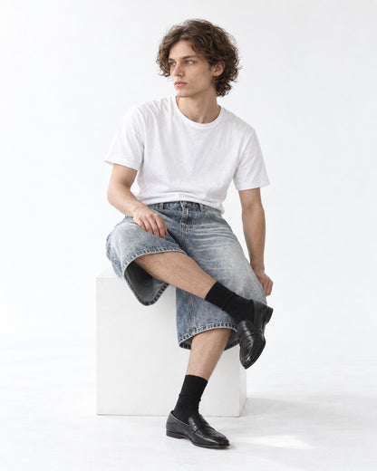 Wide-Leg Washed Denim Shorts