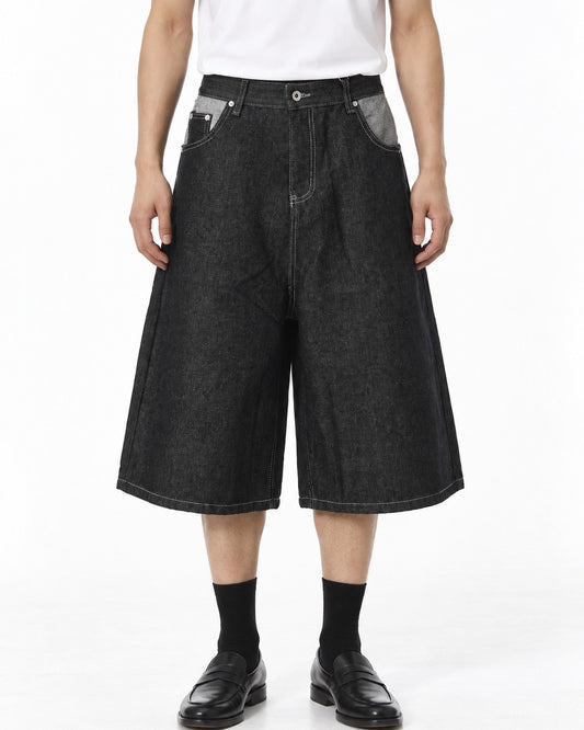 Button-Fly Wide-Leg Denim Shorts (Black)