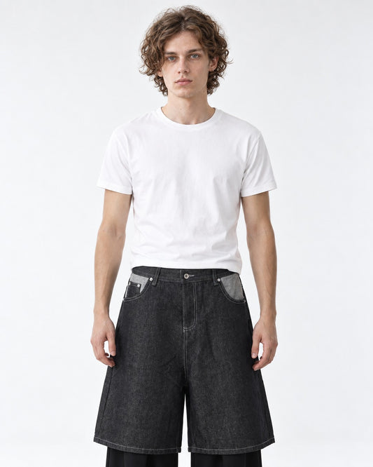 Button-Fly Wide-Leg Denim Shorts (Black)